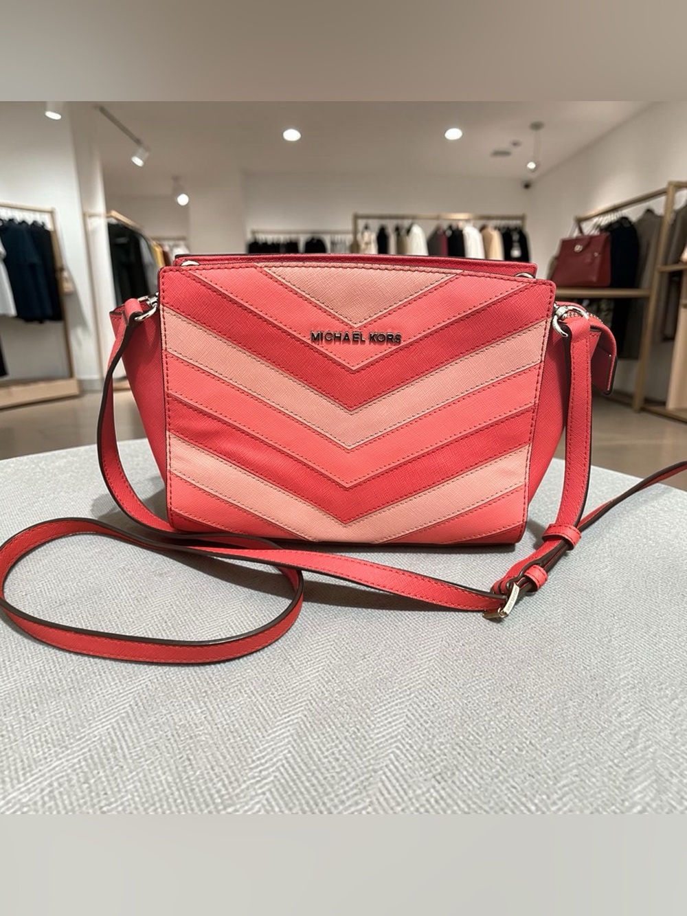Michael Kors Coral and Pink Chevron Saffiano Leather Crossbody